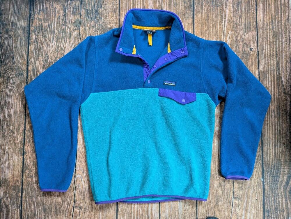 Mens Patagonia Synchilla Blue Purple Teal Color Block Snap T Fleece pullover XS